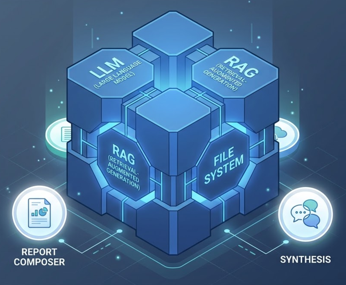 Foundations ready — integrated LLM, RAG and file system as the operational core.